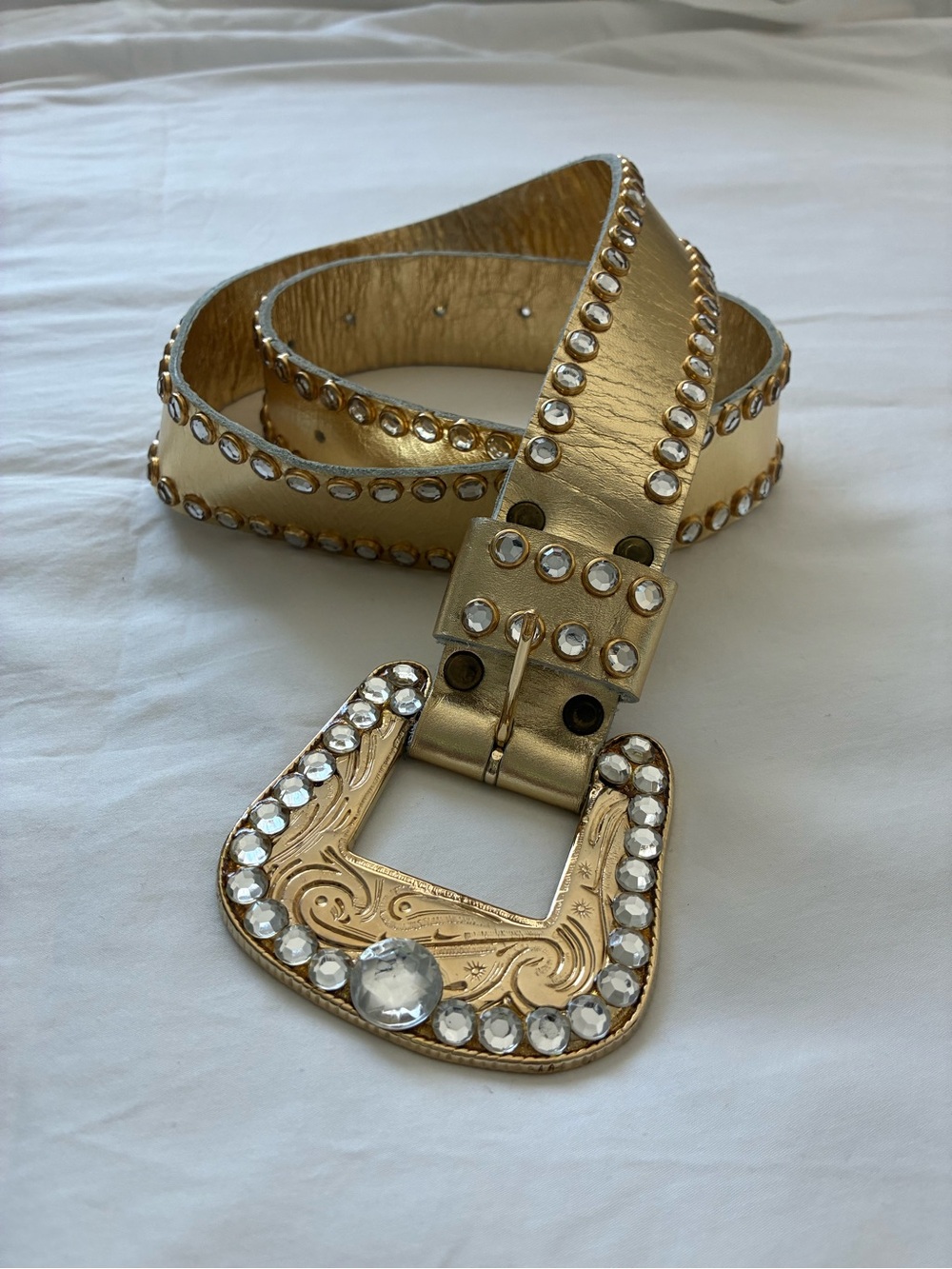 Vintage Michael Morrison Rhinestone Gold Belt 1980s Y2K